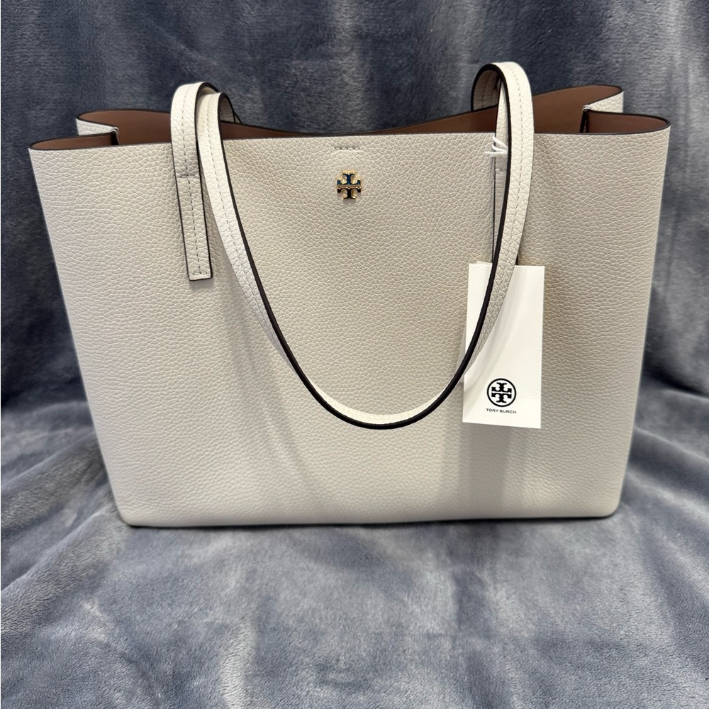 Tory Burch White Pebbled Leather Reversible Tote with Gold Logo